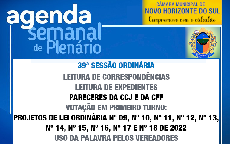 PAUTA DA 39ª SESSÃO ORDINÁRIA